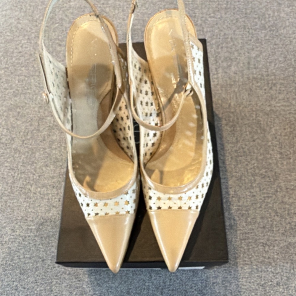 Via Spiga Slingback Stiletto Heels Ivory Biscotto Leather Star Cutouts Sz 6‎